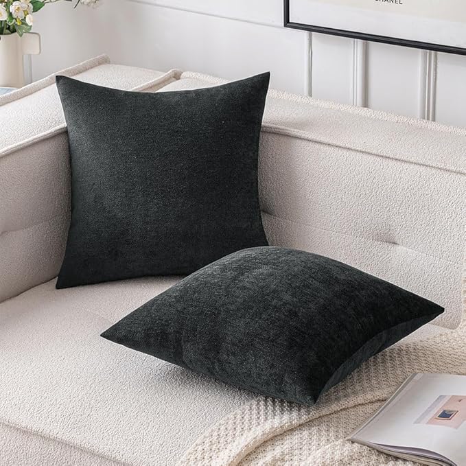 MIULEE Pack of 2 Black Decorative Pillow Covers 20x20 Inch Soft Chenille Couch Throw Pillows Farmhouse Cushion Covers for Home Decor Sofa Bedroom Living Room