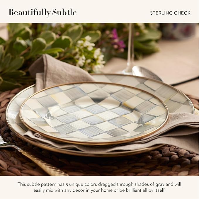 MACKENZIE-CHILDS Enamel Dinner Plate, Decorative Dinnerware Plate, 10 Inches, Set of 1, Gray-and-White Sterling Check