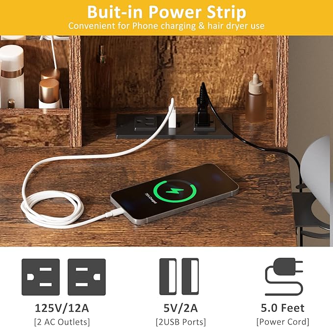 Vabches Makeup Vanity Desk with Lighted Mirror & Power Strip, Large Brown Vanity Table Set Rustic Farmhouse Style with Lots of Storage, 3 Lighting Modes, Brightness Adjustable, 45.2in (W)