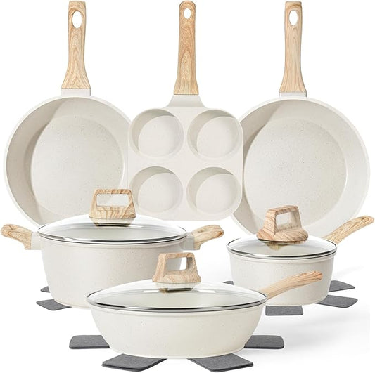 13 Pcs Pots and Pans Set, Nonstick Cookware Sets White Granite Induction Cookware, Non-toxic Healthy Non stick Kitchen Cooking Set with Frying Pans Set, Saucepans (PFAS/PFOA/PFOS Free)