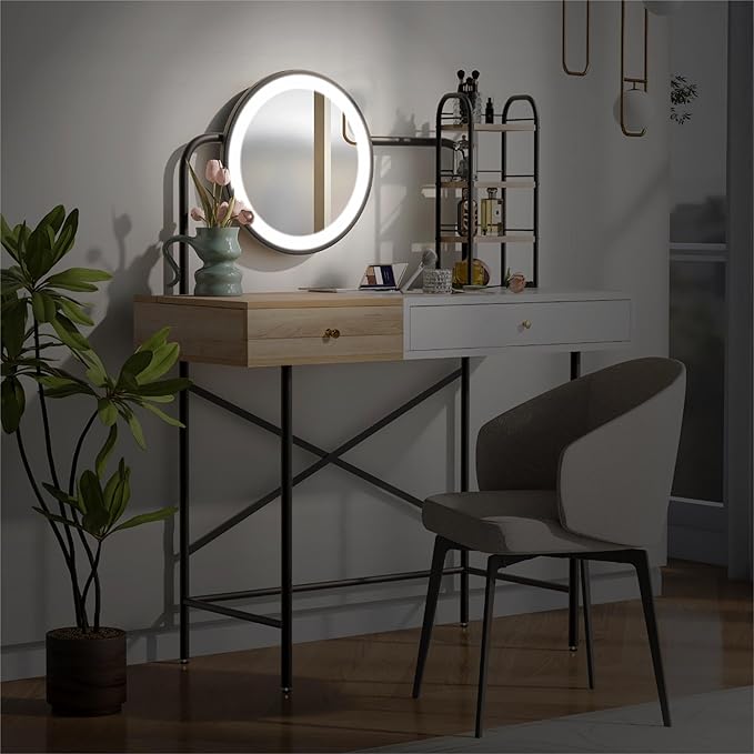 40" Makeup Vanity Desk with 3 Lighting Modes Adjustable Brightness & Power Outlet, Vanity Table with Drawer & 3 Open Shelves for Ample Storage Space, Dressing Table for Bedroom (White)