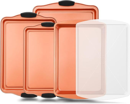 NutriChef 5-Piece Bakeware Set – Premium Non-Stick, Stackable Kitchen Baking Pans with Silicone Handles – Includes 3 Cookie Sheets, Baking Pan & Lid – Perfect for Cakes, Cookies & Brownies