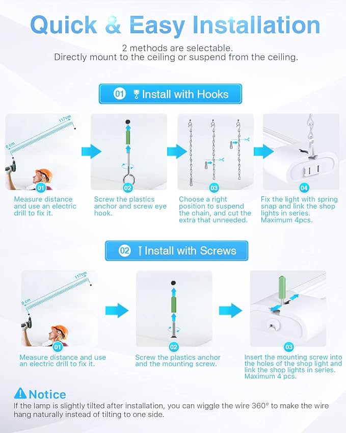 Ensenior 4 Pack Linkable Led Shop Light 4ft for Garage, 4400 High Lumens, 36W Equivalent 280W, 5000K Daylight, 48 Inch Utility Surface or Hanging Mount Fixtures, White, ETL Certified