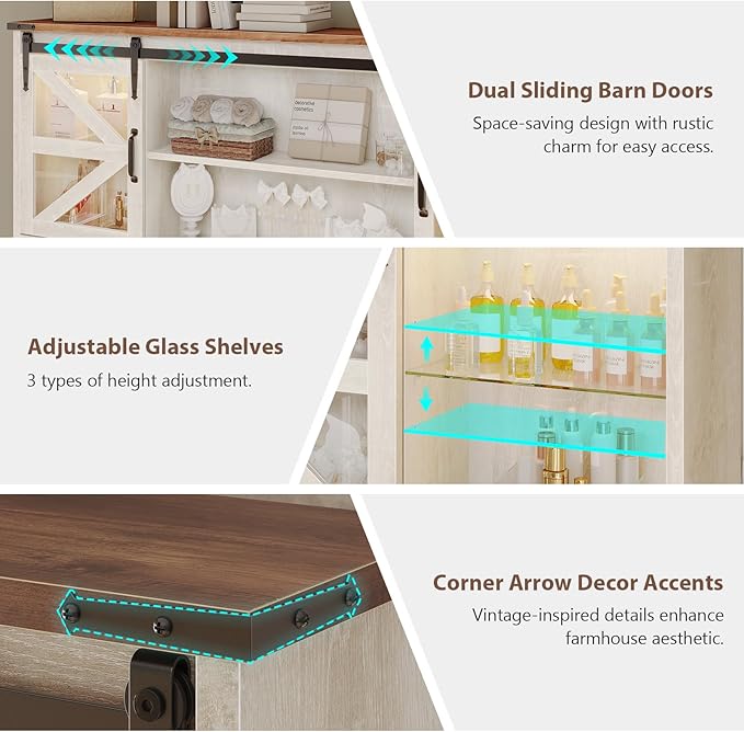 Farmhouse Makeup Vanity with 9 Drawer, Vanity Desk with Mirror and Lights 3 Colors, 75.2" Large Vanity with 2 Sliding RGB Barn Door,Storage Shelves,Power Outlets for Bedroom,Antique White