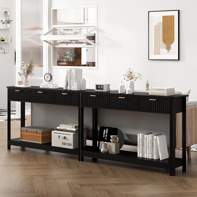 Fluted Console Table with Drawers, Modern 47.1" Entryway Table with Storage Shelf, Boho Narrow Skinny Behind Couch Wood Sofa Table for Living Room Hallway Entrance Foyer, Black