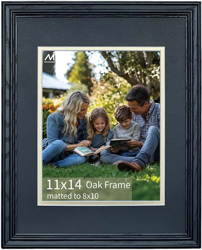 11x14 Picture Frame for Wall Hanging Solid Oak Wood, 8x10 Picture Frame with Mat,11x14 Premium Photo Frame with Real HD Tempered Glass,Ideal for Home Decor, Art Gallery,Black, 1 Pack