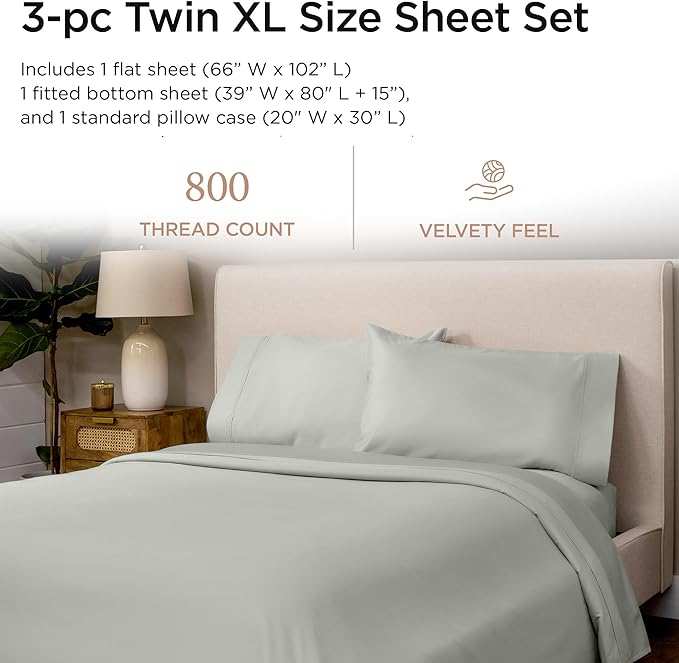 Threadmill Luxury 800 Thread Count 100% Cotton Sheets - Sateen Weave Twin XL Bed-Sheets, Better Than Egyptian Cotton,3 Pc Solid Bedding Set (Light Grey), Fits 15" Deep Pocket