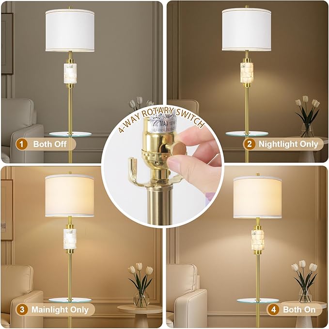 Gold Floor Lamp for Living Room with Glass Tray and Night Light,Alabaster Tall Lamp,Living Room Lamp with Linen Shade,Marble Base Standing Lamp Decor for Bedroom,Office(Bulb Included)