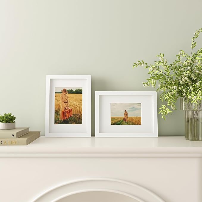 Egofine A4 Picture Frame White Covered by Plexiglass Made of Solid Wood, Display Pictures 4x6/6x8 with Mat or A4 Without Mat for Table Top and Wall Mounting