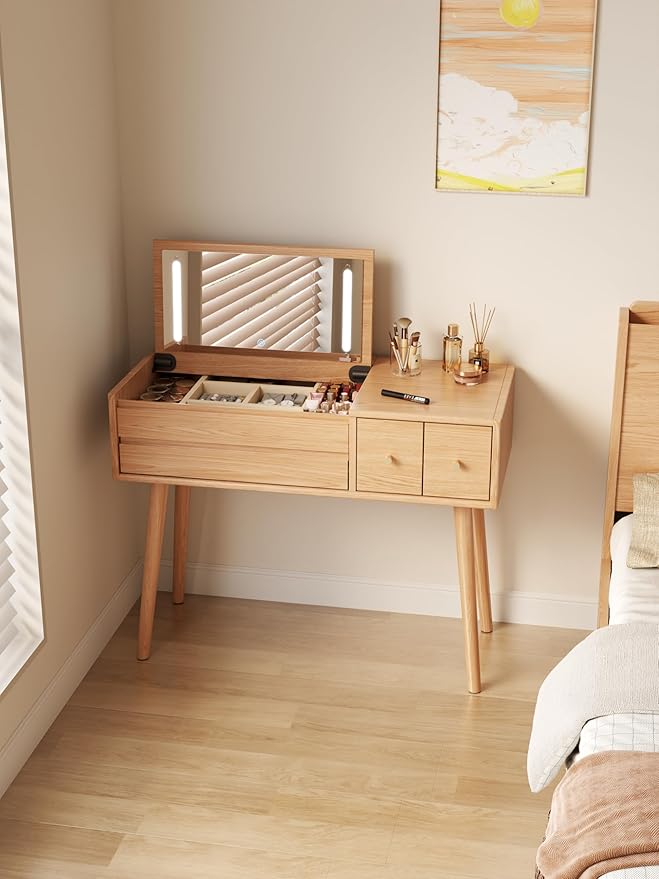 KungFuWood Wood Vanity Desk with Mirror and Lights, Dressing Vanity Table Vanity Set 4 Drawers, 40 Inch Large Make Up Vanity Table Wooden with 3 Lighting Modes Log Color (with Adapter)