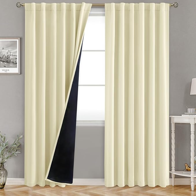 BGment Cream Thermal Insulated 100% Blackout Curtains 95 Inches Long with Liner, Rod Pocket and Back Tab Room Darkening Double Layer Noise Cancelling Curtains for Bedroom (52 x 95 Inch, 2 Panels)