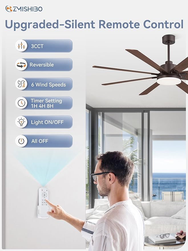ZMISHIBO 65 Inch Ceiling Fan with Light, Indoor/Outdoor Ceiling Fans with Large LED Panel, Quiet Reversible DC Motor, 6-Speeds, 3CCT, Brown Farmhouse Ceiling Fan for Patio, Livingroom, Bedroom