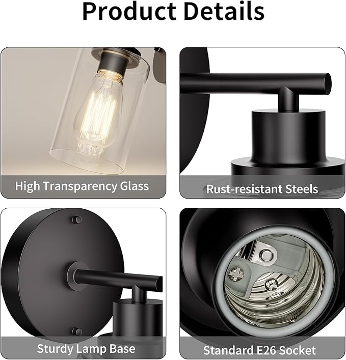 Bathroom Wall Sconces Set of Two: Black Vanity Light Fixtures with E26 Base LED Cordless Indoor Wall Mount Lamp for Mirror Bedroom Hallway Stairway Modern Decor Lighting