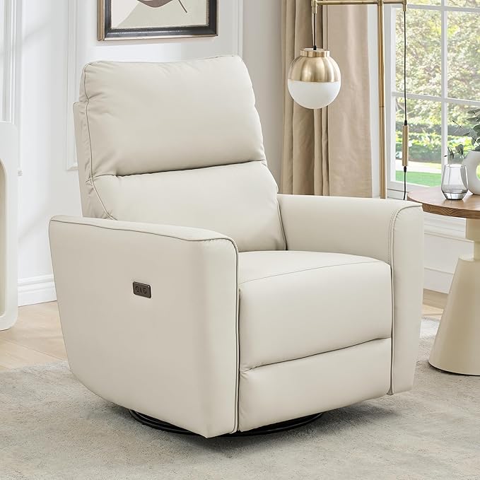 GarveeHome Power Recliner Chair Swivel Glider Upholstered Faux Leather Nursery Rocker Reclining Sofa Chair with Charging Port, Curved Armrests & Padded Backrest (Beige)