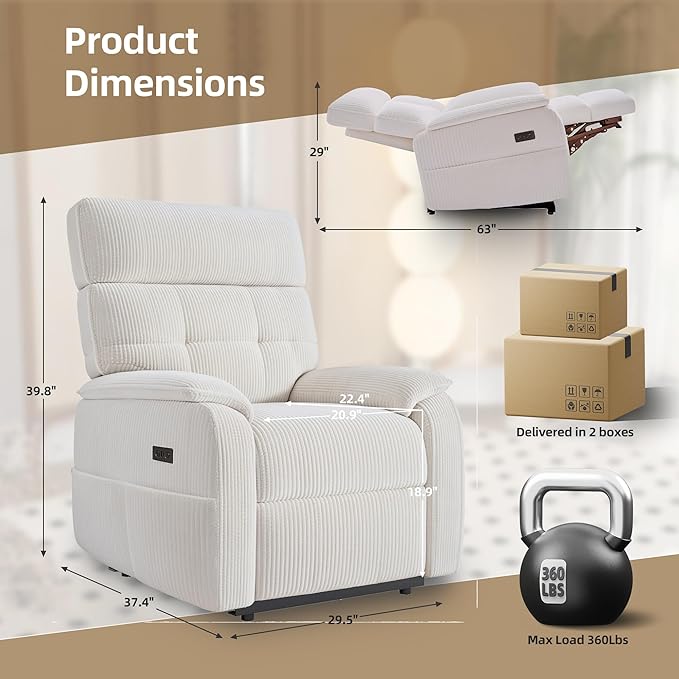 Claiks Zero Gravity Recliner Chair, Oversized Reclining Chair for Adults, Adjustable Electric Reclining Sofa Lounge with USB&Type-C Ports, Side Pocket, for Living Room, Corduroy, White