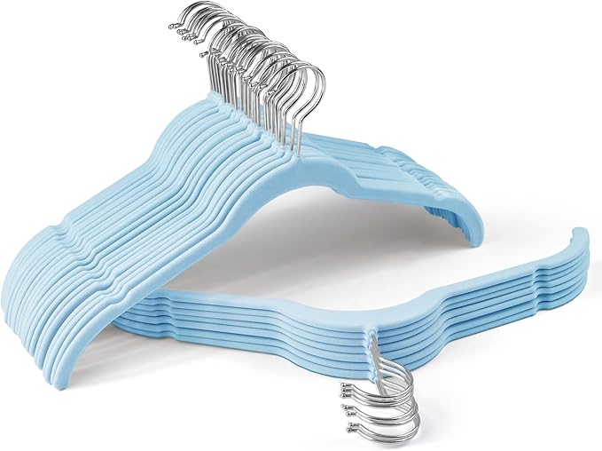 30 Pack Velvet Hangers – Premium Non-Slip Slim Clothes Hangers with 360° Swivel Hook, Space-Saving Flocked Shirt Hangers for Coats, Dresses, Blouses, Suits(Blue)