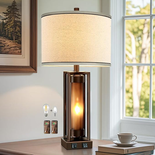 RORIANO Rustic Table Lamps for Living Room with USB C+A Ports, Farmhouse Vintage Nightstand Lamp with Amber Acrylic Night Light, Retro Desk Lamp for Bedroom Entryway Dorm, 2 Bulbs Included (Brown)