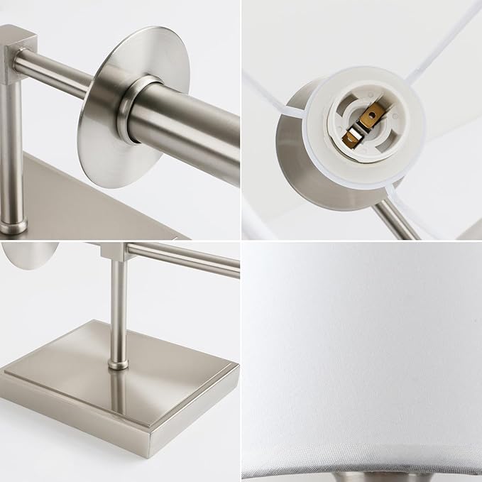 PERMO Set of 2 Classic Rustic Industrial Wall Sconce Lighting Fixture with Flared White Textile Lamp Shade and Brushed Tapered Column Stand