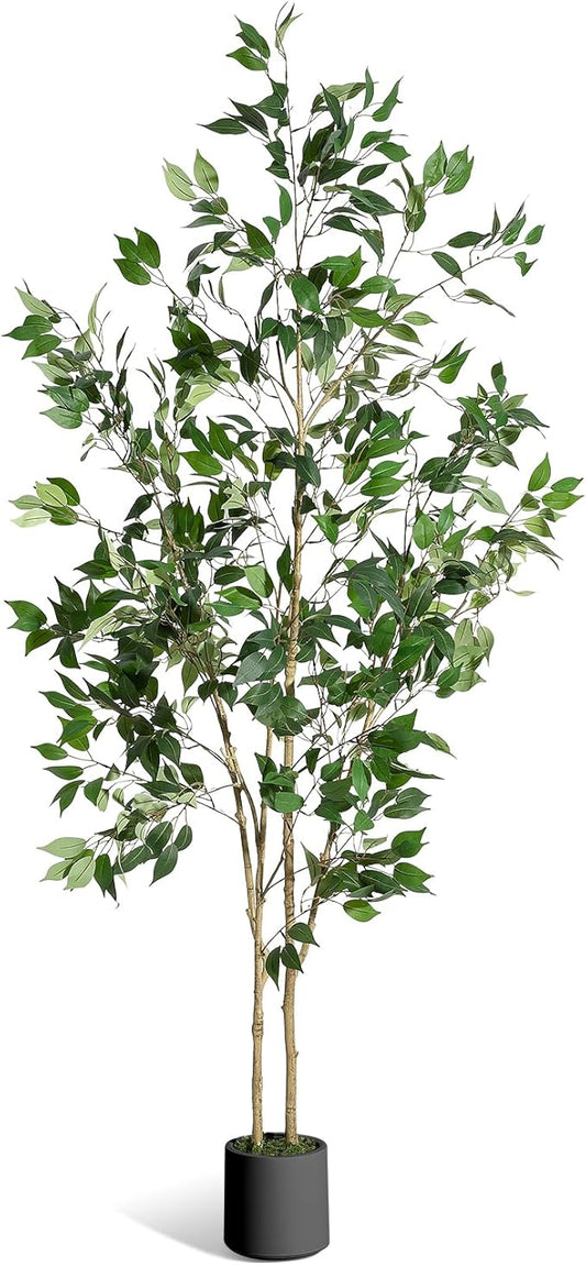 7FT Ficus Trees Artificial Indoor, Faux Silk Plant with Natural Wood Trunk and Lifelike Fruits, Black Imitation Ceramic Planter with Green Fake Moss for Modern Home Office Living Room Decor