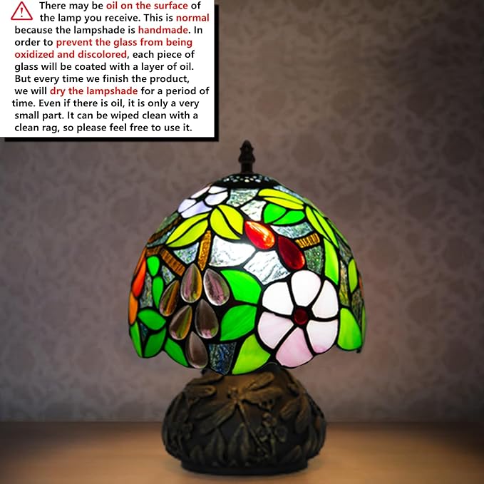 Small Tiffany Stained Glass Lamp, 3 Color Temperatures Bedside Lamp, 8 Inch Mushroom Desk Light for Bedroom Living Room Office Home Decor (Grape Pattern)
