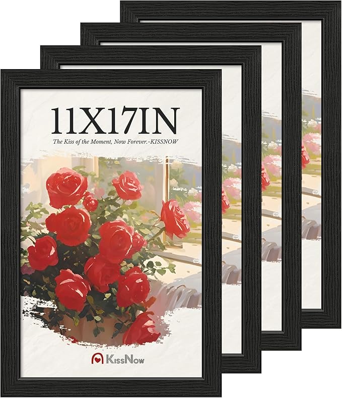 11x17 Picture Frame 4 Pack, Textured Black Solid Wood, Wall Gallery Poster Frame
