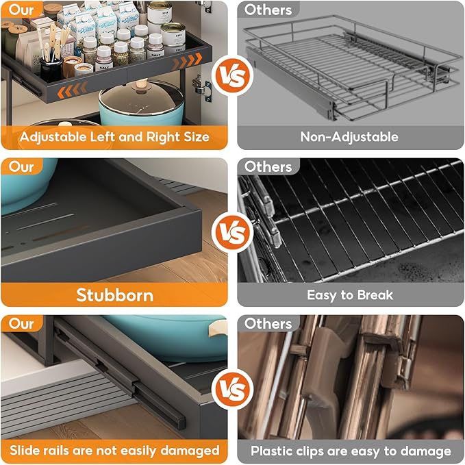 2-Tier Expandable Pull Out Cabinet Organizer, 16.9" Deep Heavy-Duty Slide Rail Slide Out Drawer Organizers with Adhesive Nano Film for Pots, Roll out Shelf Storage for Kitchen & Pantry Storage,Black