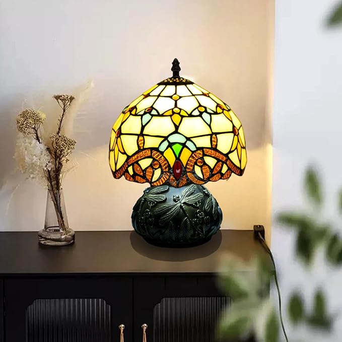 Small Tiffany Stained Glass Lamp, 3 Color Temperatures Bedside Lamp, 8 Inch Mushroom Desk Light for Bedroom Living Room Office Home Decor (Beige Baroque)