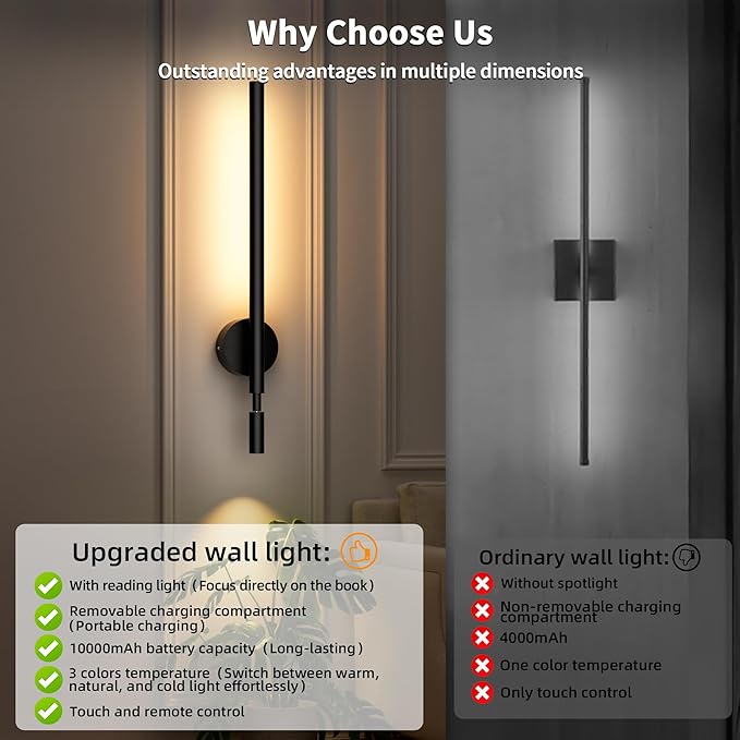 Rechargeable Wall Sconce with Reading Spotlight: Battery Operated Wireless LED Wall Light with Remote Indoor Modern Decor for Living Room Bedroom Stairwell Lighting Black