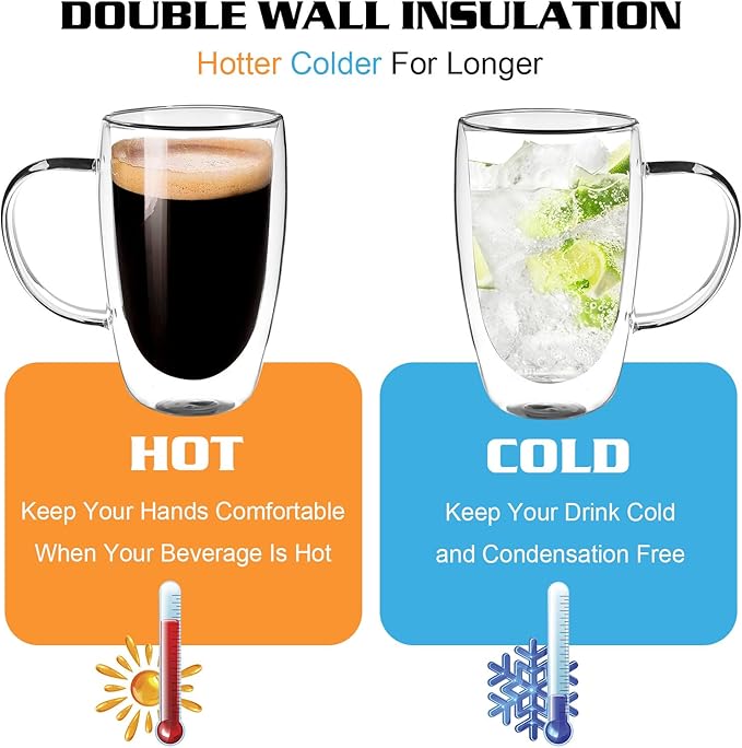 Clear Glass Double Wall Insulated Round Coffee Mugs Set of 4 Pieces - Large Size 16oz Best Reusable Coffee Mug for Home Cafe Restaurant Perfect for Espresso Capucinno Lungo Latte Coffee