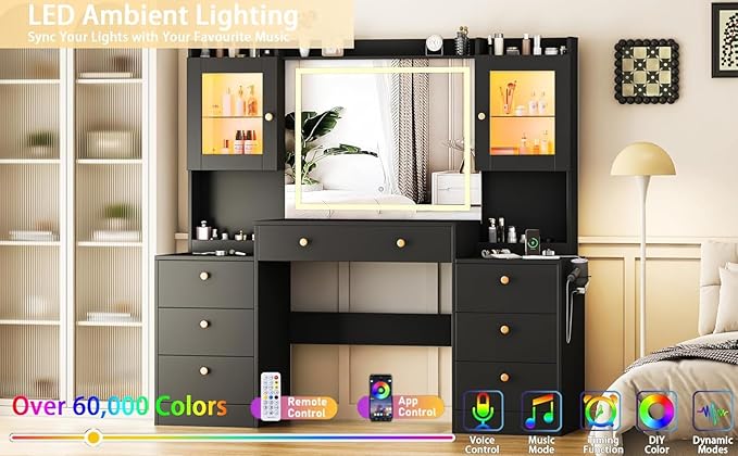 63" Makeup Vanity Desk with Mirror and Lights, Glass Top Makeup Vanity with Power Outlet, 3 Lighting Colors, 7 Drawers, 2 Cabinets for Bedroom, Black