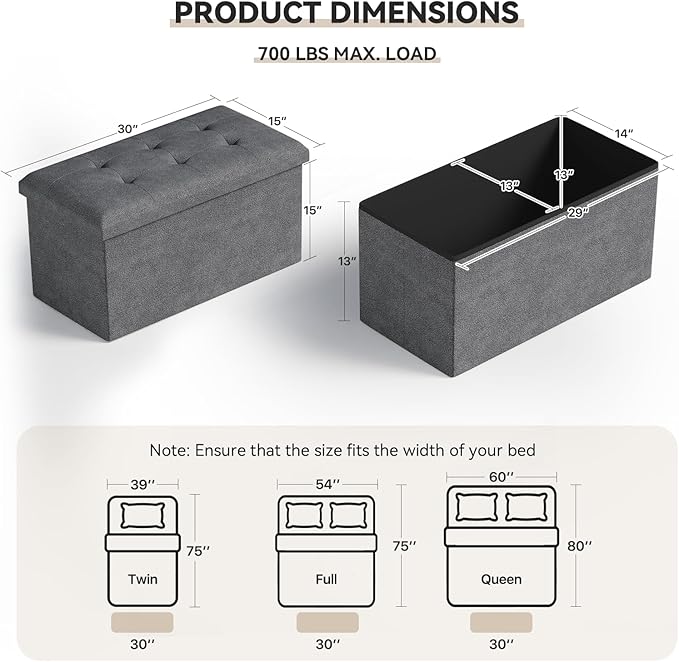 Storage Ottoman Bench, 30 Inch Ottoman Foot Rest, End of Bed Bench, Storage Chest, Load 700 lb, for Living Room, Bedroom, Entryway, Gray