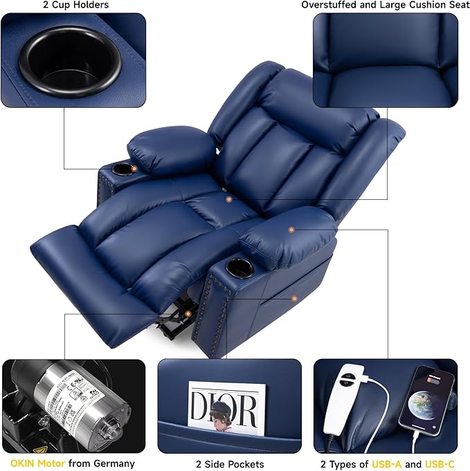 Large Power Lift Chair Recliner for Elderly with Heated and Massage, Overstuffed Adjustable Lift Chair, 3 Position, Breathable Leather, USB-A&USB-C, Cup Holder (Small-7523, Blue)