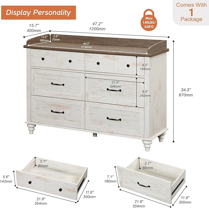 WAMPAT Kids Dresser for Bedroom with 6 Drawers, Rustic White Baby Dresser with Wide Chest of Drawers, Farmhouse Kids Closet Storage Organizer, Wood Dressers for Living Room, Nursery, Hallway