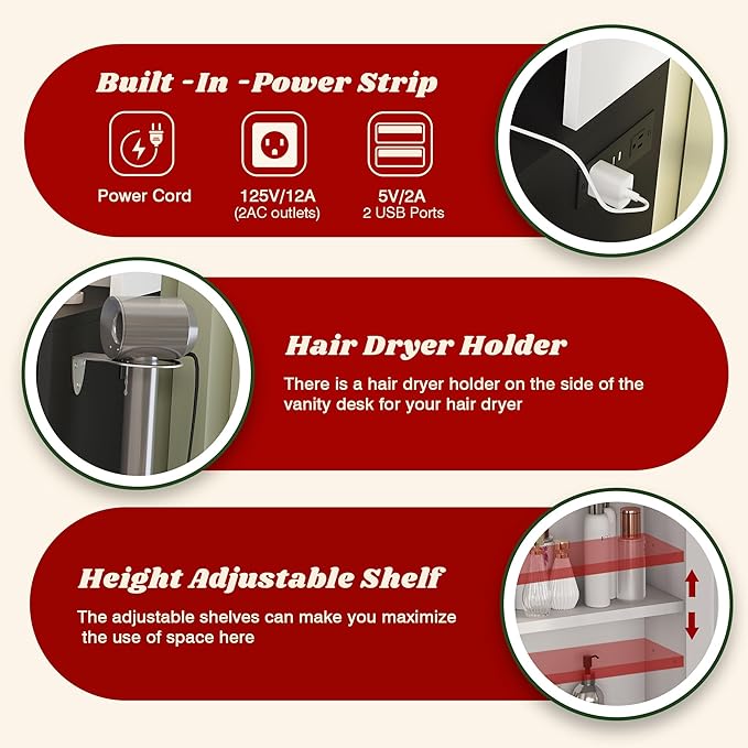 39" W Vanity Desk with Mirror, Makeup Vanity Set with Power Outlet and Comfortable Bench, Big Dressing Table with Lights Mirror and Drawers for Makeup, Modern Vanity for Bedroom Black