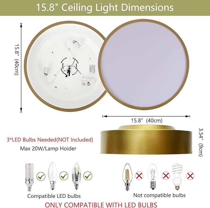 Modern Flush Mount Ceiling Light, 3-Lights Gold Ceiling Light, Minimalistic Ceiling Lamp Acrylic Shade Lighting Fixture for Bedroom Laundry Room Bathroom Hallway(15.8 Inch)