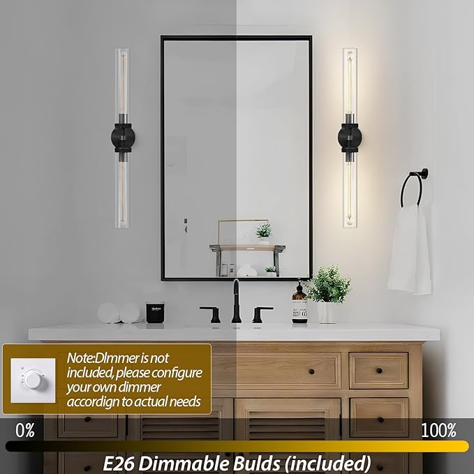 Modern 2-Light Black 30in Knurled Wall Sconces, Double Glass Sconces Wall Lighting, Bathroom Vanity Light Sconces, Wall Lights for Living Room Bedroom Hallway Kitchen Bathroom Mirror Includes bulbs