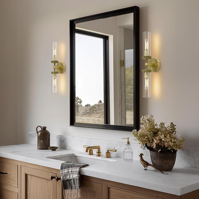 2-Light Brass Knurled Wall Sconces, Glass Sconces Wall Lighting indoor, Gold Bathroom Vanity Light Sconces, Wall Lights for Living Room Bedroom Hallway Kitchen Bathroom Mirror, Including Bulb