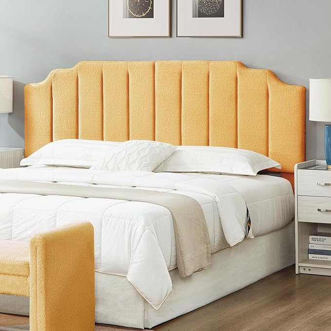 24KF Yellow Teddy Fabric Tufted King Upholstered Headboard, Modern Vertical Channel Design California King Headboard with Stepped Silhouette Top Edge,6026-K-Teddy Yellow