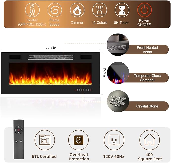 Ludatido 70 Inch Premium TV Stand with 36 inch Electric Fireplace 27 Inch high LED Light Entertainment Center Easy to Assemble for TVs Up to 85'' with USB&AC Power Interface Black