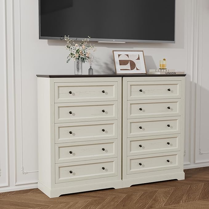 Farmhouse Dresser 5 Drawer, Bedroom Chest of Drawers, Dressers with 5 Drawers, Wooden Dressers for Bedroom, Living Room, Tv Stand, Entryway (Off White-5 Drawers)