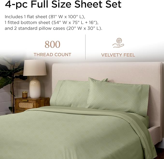 Threadmill Luxury Full Size Sheets for Full Size Mattress | 800 Thread Count Cotton Sheets | Jacquard Celine Sage Green | Better Than Egyptian Cotton| 4 Pc Bed Sheets | with Elasticized Deep Pocket