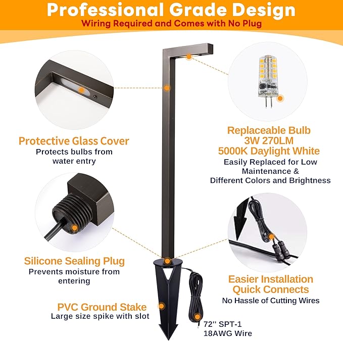 Brass Low Voltage Path Lights, Waterproof Landscape Pathway Light, 12V LED Outdoor Bronze L Shape Walkway Lamp for Driveway Sideway Garden with 3W 270LM 5000K G4 Bulb 4 Pack