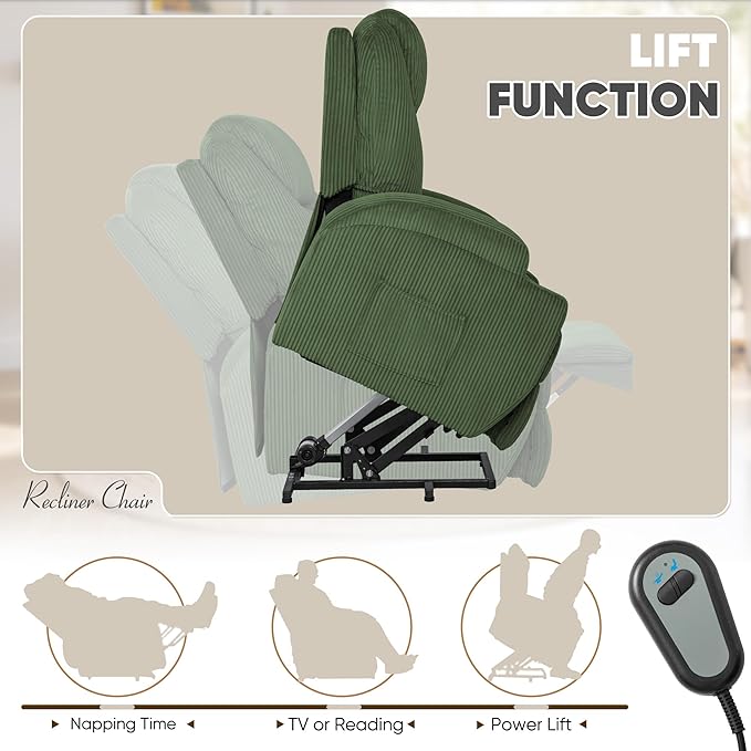 VICTONE Electric Power Lift Recliner Chair for Elderly Reclining Sofa for Living Room with Massage, Side Pockets and Cup Holders (Corduroy, Green)