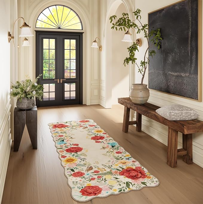 Kitchen Rug 2'x 6' Washable Floral Washable Runner Rugs Non Slip Boho Vintage Low Pile Carpet for Hallway, Entryway, Laundry Room, Bathroom High Traffic Areas Indoor Decor (Beige