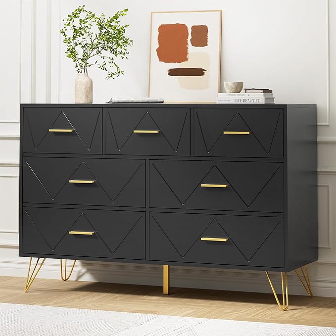 Black Dresser for Bedroom, 7 Drawer Dresser with Golden Handles, Wood Modern Chest for Hallway, Entryway