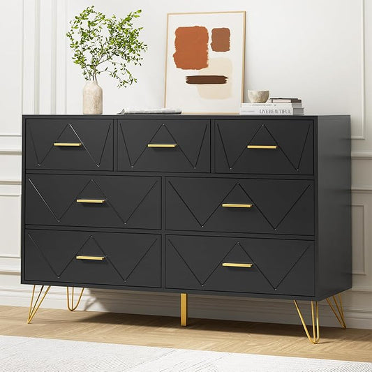 Black Dresser for Bedroom, 7 Drawer Dresser with Golden Handles, Wood Modern Chest for Hallway, Entryway