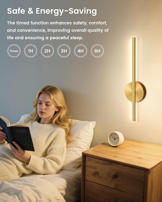 NIORSUN 15.7 Inch Battery Operated Wall Sconce Set of 2, Gold Minimalism Rechargeable Wall Lights with Remote, 3CCT Dimmable Wireless Wall Lamp for Living Room Bedroom Hallway