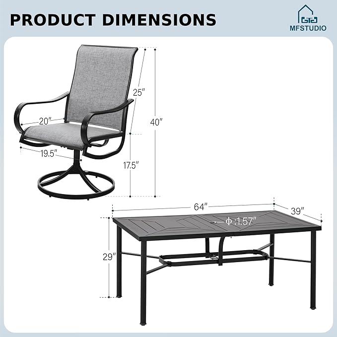 MFSTUDIO Patio Table and Chairs Set with Umbrella Hole, Outdoor Dining Set for 6 with Swivel Chairs, Outdoor Patio Furniture Set for Deck, Backyard, Poolside & Garden