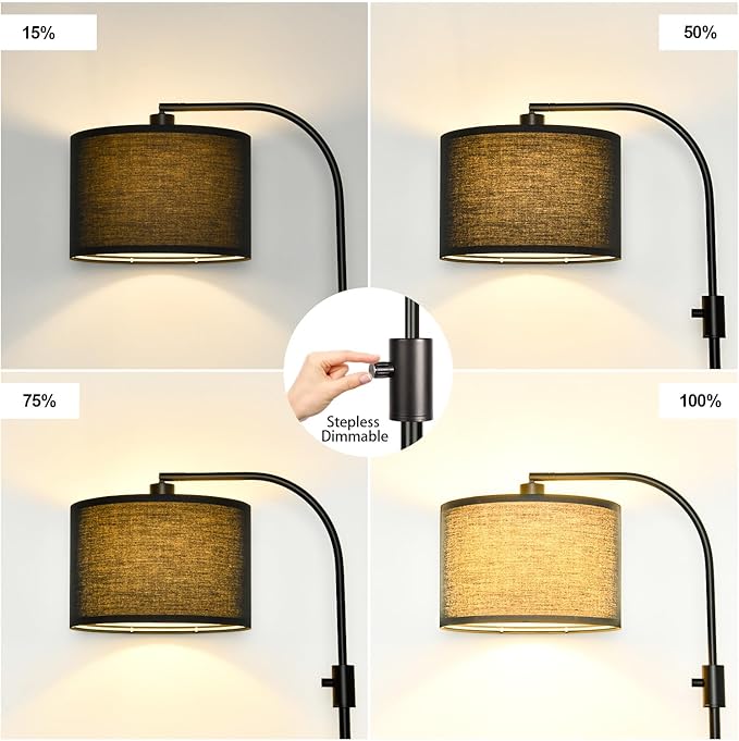 【Upgraded】 Dimmable Black Floor Lamp, 1200 Lumens LED Bulb Included, Arc Floor Lamps for Living Room Modern Standing Lamp with Black Shade, Tall Lamp for Living Room Bedroom Office Reading Room Office