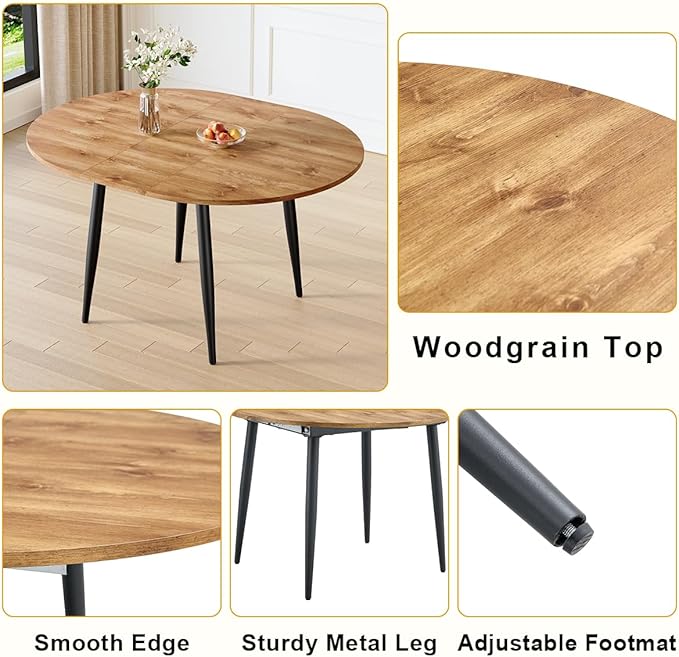 42"-54" Extendable Dining Table Set for 4, Round Dining Table Set for 4, 0.73" Thick Wood Tabletop with Smooth Edge, Black Metal Leg with Non-Slip Footmat, 4 Soft PU Chairs, for Kitchen, Small Space